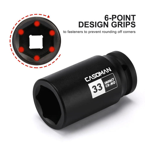 Three Quarter Inch Drive 33 Millimeter Axle Nut Impact Socket Six Point Deep Impact Socket For Easy Removal Chrome Moly Steel