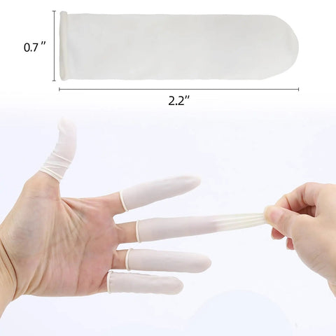 Disposable Finger Cots 300 Pack White Latex Rubber Tips For Injured Cracked Fingers In Sports Use shown on fingers.