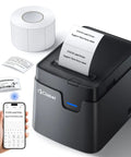 Desk Bluetooth Barcode Label Printer With Direct Thermal Print 2 Inch Label Width For Barcodes And Addresses Super Easy Office Warehouse Label Maker With 1 Roll Label Compact And Portable shown with smartphone control.