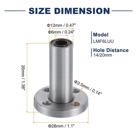 LMF6LUU Linear Ball Bearing 6 mm Bore 12 mm OD 35 mm Length 48 mm Round Flange dimensions with measurements displayed.