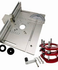 Precision Router Lift System With Solid Aluminum Insert Plate And Smooth 51mm Height Knob For Knockout Routing Accuracy, components viewed from top.
