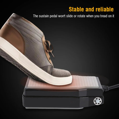 Durable Sustain Pedal Built To Last With Silicone Foot Pad And Steel Shell For Electronic Keyboards And Digital Pianos High Strength Damper Foot Controller Perfect For Home Practice Studio Use being pressed by a shoe