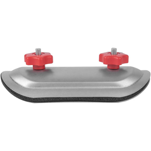 Front view of a 4-inch round duct access door with galvanized steel cover, two red knobs and a rubber gasket