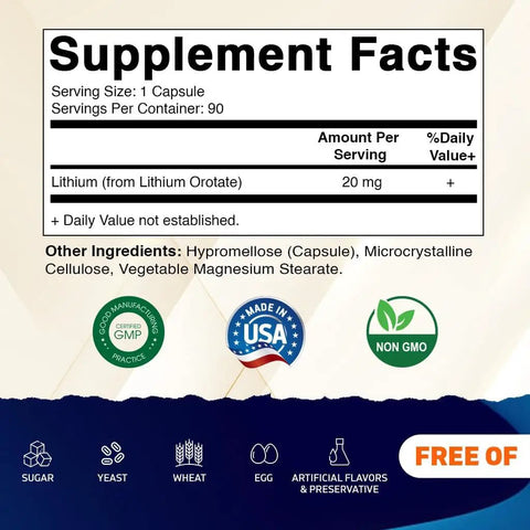 Supplement facts label for Lithium Orotate 20mg Mood Support Supplement With Bioavailable Formula 90 Veggie Caps Gluten Free Non GMO