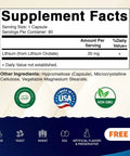 Supplement facts label for Lithium Orotate 20mg Veggie Caps Bioavailable Daily Brain Boost Supplement Non GMO Gluten Free Two Pack Third Party Tested for Easy Swallow Capsules Safe Choice, showing ingredients and certifications.
