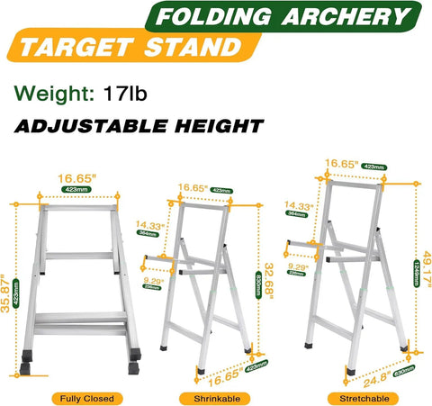 Foldable Archery Target Stand For Backyard Practice dimensions showing adjustable height and steel construction