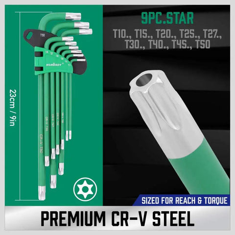 9-piece star hex key set with ball end, long arm, chrome vanadium steel, for SAE and metric Allen wrenches, torque handle.