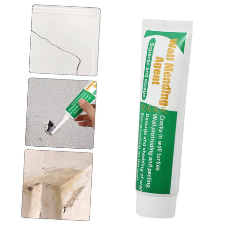 Two Pack Wall Repair Cream And Self Adhesive Paste For Cracks And Holes Pro Strength Wall Mending Agent For Home Diy Use Easy Application Quick Fix No Mess Drywall And Ceilings Safe On Painted Walls tube next to repaired cracks.