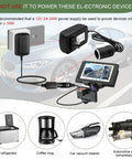Image showing devices powered by Rugged Ride Ready AC DC Converter Adapter including car vacuum and air compressor.