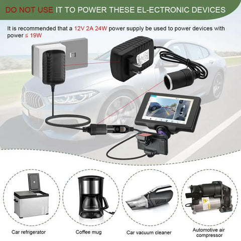 Image showing devices powered by Rugged Ride Ready AC DC Converter Adapter including car vacuum and air compressor.