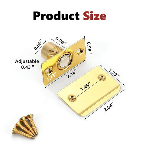 Magnetic Closet Door Latch Set Gold Finish With Solid Brass Body And Stainless Steel Striking Plate dimensions shown