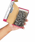 Box of 410 Stainless Steel Unslot Indent Hex Washer Head Screw 14-14X1 Three Point Drive held in hand