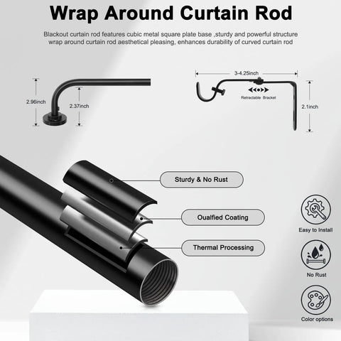Diagram showing Two Pack Curtain Rods For Windows 28 To 48 Inch Five Eighth Inch Matte Black Adjustable Wrap Around Curtain Rods