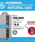 Natural Gas Tankless Water Heater 9.5 Gpm 199k Btu Wifi Enabled Indoor Non Condensing High Efficiency showcasing features and venting.