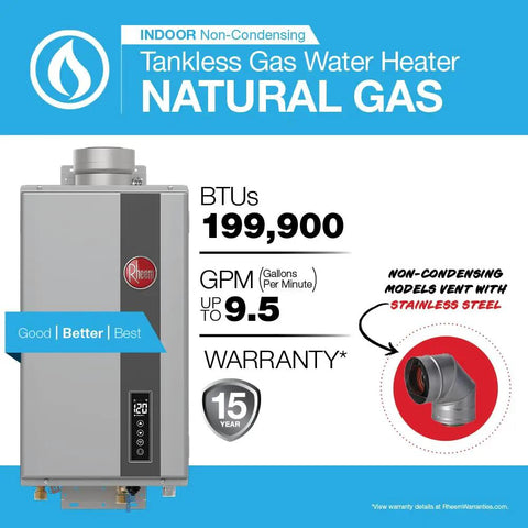 Natural Gas Tankless Water Heater 9.5 Gpm 199k Btu Wifi Enabled Indoor Non Condensing High Efficiency showcasing features and venting.