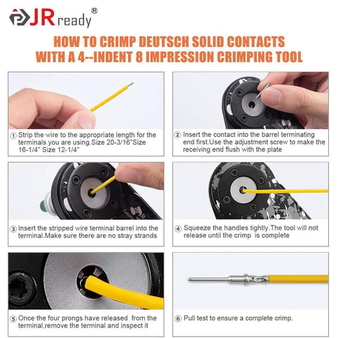 Crimping instructions for Deutsch DTM Connector Kit With 2 3 4 6 8 12 Pin Options Size 20 To 22AWG Solid Contacts Seal Plugs Removal Tool.