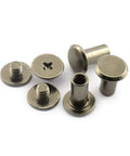 Heavy Duty Pro Grade 50 Piece Chicago Screw Set 5 X 10mm black binding fasteners showing round heads and threaded shafts for leather crafting.
