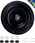 Solid Tire Set For Hand Trucks And Wheelbarrows With Ten Inch Flat Free Tires Size Four Point One Zero By Three Point Five Zero Four Five Eighths Inch Axle Bore Two Point Two Inch Hub Offset Includes Adapter Kit Two Pack, showing one flat-free tire and included adapter components.
