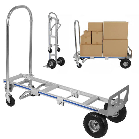 Two In One Convertible Hand Truck With Aluminum Alloy Frame Converts From Two Wheel Upright To Four Wheel Cart With Expanded Base Cargo Trolley For Warehouse Movers Couriers And Office Deliveries, shown flat and upright with boxes