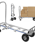 Convertible Hand Truck Aluminum Cargo Cart For Delivery Two Wheel To Four Wheel Conversion With Heavy Duty Rust Proof Aluminum Alloy Construction Large Pneumatic Wheels And Smooth Swivel Casters For Easy Hauling In Warehouses Stores And Job Sites., shown in 2-wheel and 4-wheel modes