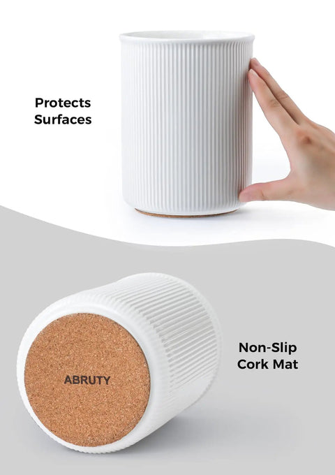 Ceramic Utensil Holder With Cork Bottom For Countertop Go To Large 6.7 Inch Tall Utensil Crock shown with cork base detail