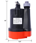 Heavy Duty Submersible Sump Pump 1/3HP 2500GPH with 10ft cord, dimensions 10" tall and 6.4" wide, ideal for quick drainage.