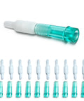 Oxygen tubing swivel connectors, 10-pack; white adapters with teal tips, front view