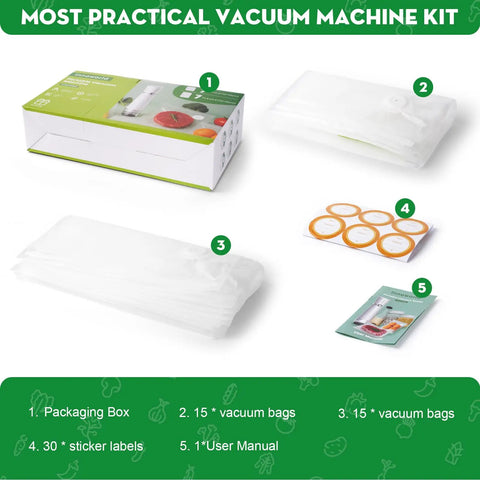 Reusable Vacuum Sealer Bags For Food 30 Small Size 8.7 By 11.8 Inch And 11.8 By 13.8 Inch kit with packaging and labels