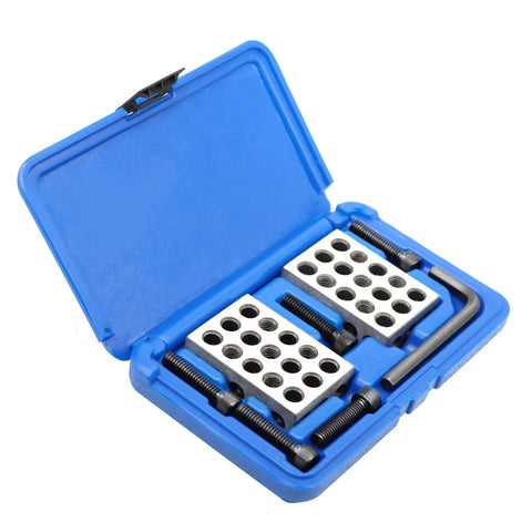 Angled front view of Nakkaa ultra-precision 1x2x3 in. block set with screws in blue plastic case