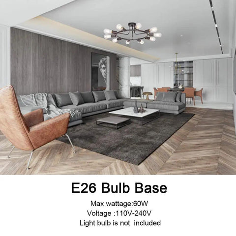 Modern Sputnik Chandelier In Oil Rubbed Bronze 10 Light Mid Century Semi Flush Mount Ceiling Light Fixture With Cool Retro Industrial Vibe For Living Room Dining Room Bedroom above modern living room with gray sofa and wooden flooring.