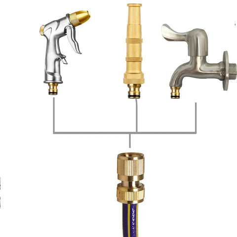 Solid Brass Garden Hose Quick Connectors Three Quarter Inch Standard Ght Thread with male and female adapters connected to tools