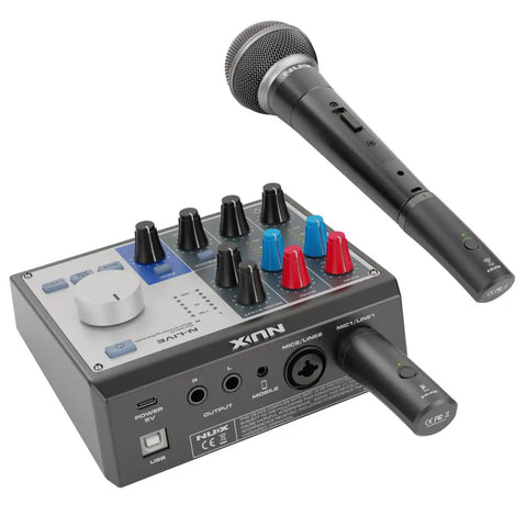B-3RC Wireless Microphone System Bundle with microphone and audio mixer, no cables needed, auto pairing, ultra low latency.