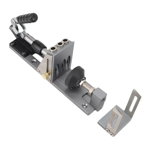 Heavy Duty Adjustable Aluminum Pocket Hole Jig Kit featuring precision angle guide and step drill wrench on gray surface.
