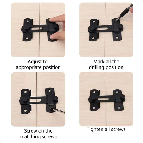 Installation steps for Sliding Barn Door Lock For Privacy In Stainless Steel, Durable Latch For Barn Doors shown on wood surface