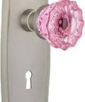 Prairie Plate With Keyhole Double Dummy Crystal Pink Glass Door Knob In Satin Nickel With Solid Forged Brass Plates.