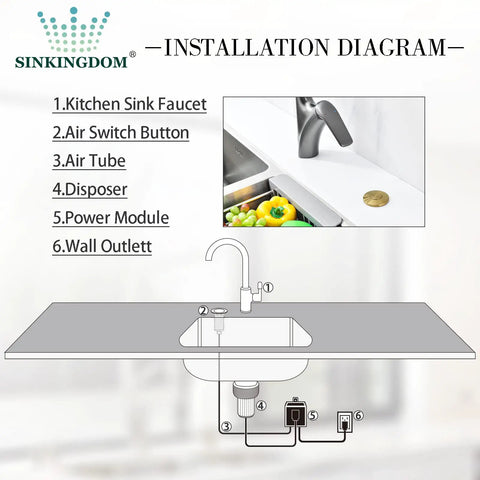 Installation diagram of Garbage Disposal Sink Top Air Switch Kit With Champagne Gold Brass Button Stainless Steel Button Option