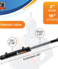 Hydraulic cylinder, 2 in bore, 18 in stroke, extended to 45 in, black welded body with AMRAP logo.