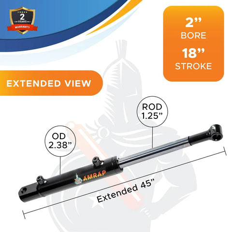 Hydraulic cylinder, 2 in bore, 18 in stroke, extended to 45 in, black welded body with AMRAP logo.
