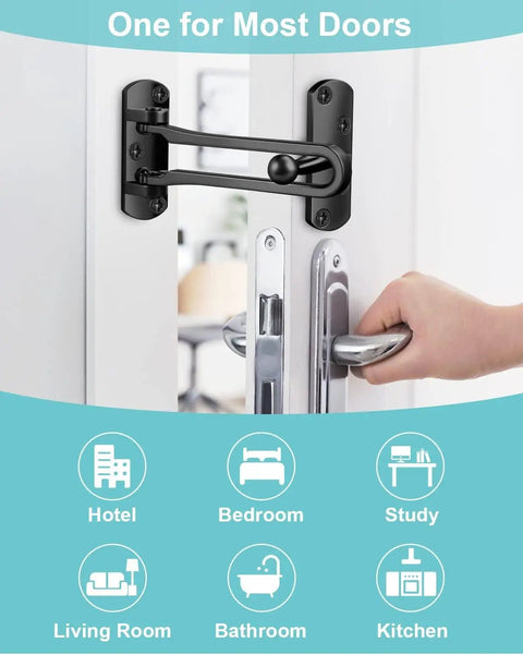 Top Shelf Swing Bar Door Lock Latch Built Tough With Real Aluminum Alloy And Satin Nickel Finish To Kidproof Rooms And Lock Down Tight Easy Install with black finish.