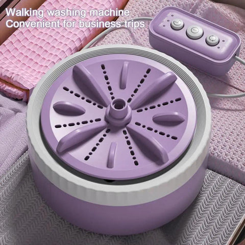 Portable Mini Washing Machine With USB Rechargeable Cordless Setup For Dorm And Travel Featuring Dual Turbine Agitator and Suction Base, purple design.