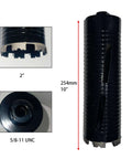 Core drill bit, 2-inch diameter, 10-inch length; laser-welded for concrete with rebar; includes two 5/8-11 UNC adapters.