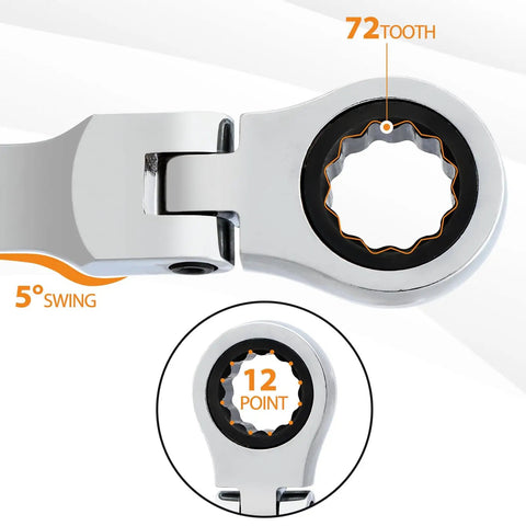 One Quarter Inch Flex Head Ratcheting Wrench With Open End And Box End, 72 Tooth, 12 Point, Industrial Grade Chrome Vanadium Steel