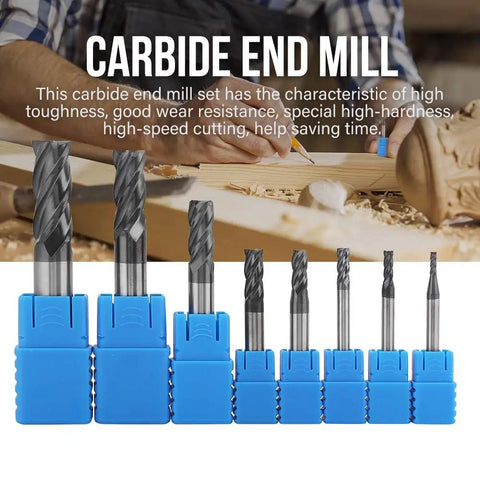 8 Piece Carbide End Mill Set 2 to 12 mm Tungsten Steel Milling Cutters displayed with woodworker.