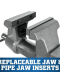 Mechanics Pro Bench Vise Built Tough For DIY Pros With 4.5 Inch Jaw Width, 4 Inch Opening, 3.5 Inch Throat, Durable Ductile Iron Build, Enclosed Spindle, Precision Slide Bar, 60,000 PSI Strength, Needle Roller Lubrication For Smooth Grade Clamping. replaceable jaw and pipe jaw inserts on bench vise