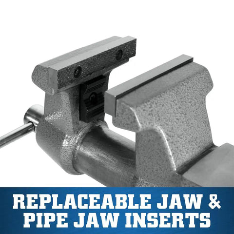 Mechanics Pro Bench Vise Built Tough For DIY Pros With 4.5 Inch Jaw Width, 4 Inch Opening, 3.5 Inch Throat, Durable Ductile Iron Build, Enclosed Spindle, Precision Slide Bar, 60,000 PSI Strength, Needle Roller Lubrication For Smooth Grade Clamping. replaceable jaw and pipe jaw inserts on bench vise