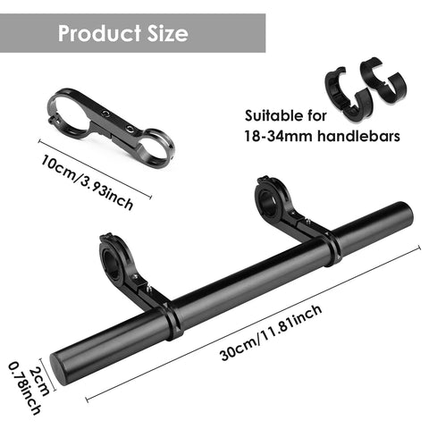 Bike Handlebar Extender 11.8 Inch Aluminum Alloy Bracket with 18-34mm adjustable clamps and product dimensions