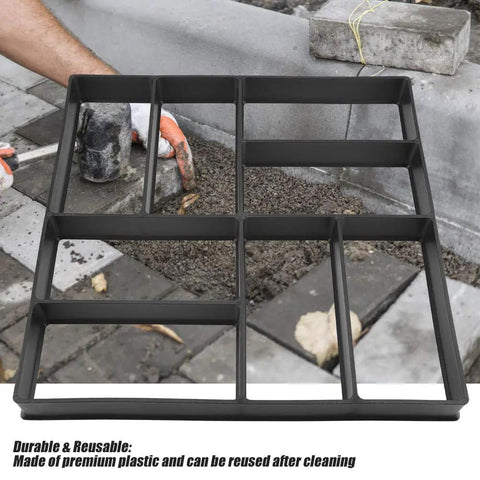 Reusable Concrete Molds For Walkways And Patios DIY Path Maker Paver Molds shown in use for stone path, made of black PP resin.