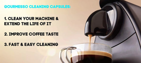 Nespresso Original Machines Cleaning Pods Set With 10 Cleaning Capsules, espresso machine image with coffee pouring and benefits listed.