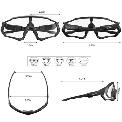Dimensions and angles of Dope Photochromic Cycling Glasses For Men And Women Mountain Bike Sunglasses With Lens That Darkens From Clear To Gray UV Protection Lightweight MTB Riding Eyewear Durable Frame.