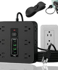 16 In 1 Smart Power Strip Surge Protector With 12 AC Outlets And Dual USB C Ports, black design with multiple outlets and cords.